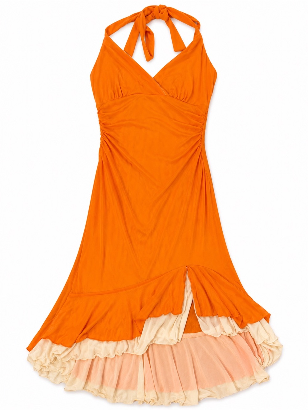 Y2K City Triangles Orange Halter Dress Ruffle Tiered Fairy Boho Size M